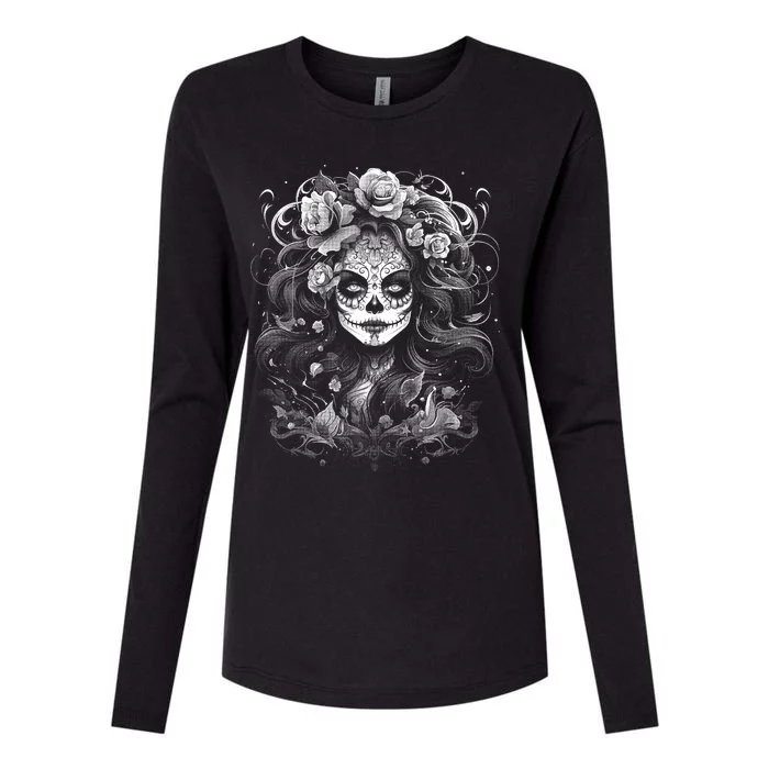 De Los Muertos La Catrina Day Of The Dead Sugar Skull Womens Cotton Relaxed Long Sleeve T-Shirt