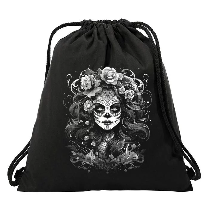 De Los Muertos La Catrina Day Of The Dead Sugar Skull Drawstring Bag