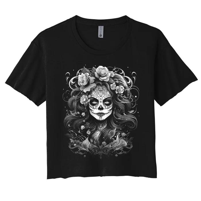 De Los Muertos La Catrina Day Of The Dead Sugar Skull Women's Crop Top Tee