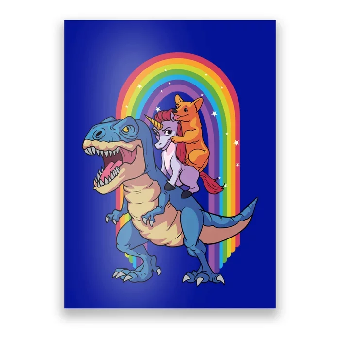 Dog Lovers Magical Tees Corgi And Unicorn Riding A Dinosaur Gift Poster