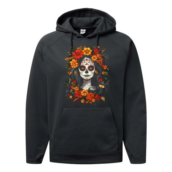 De Los Muertos La Catrina Day Of The Dead Sugar Skull Women Performance Fleece Hoodie