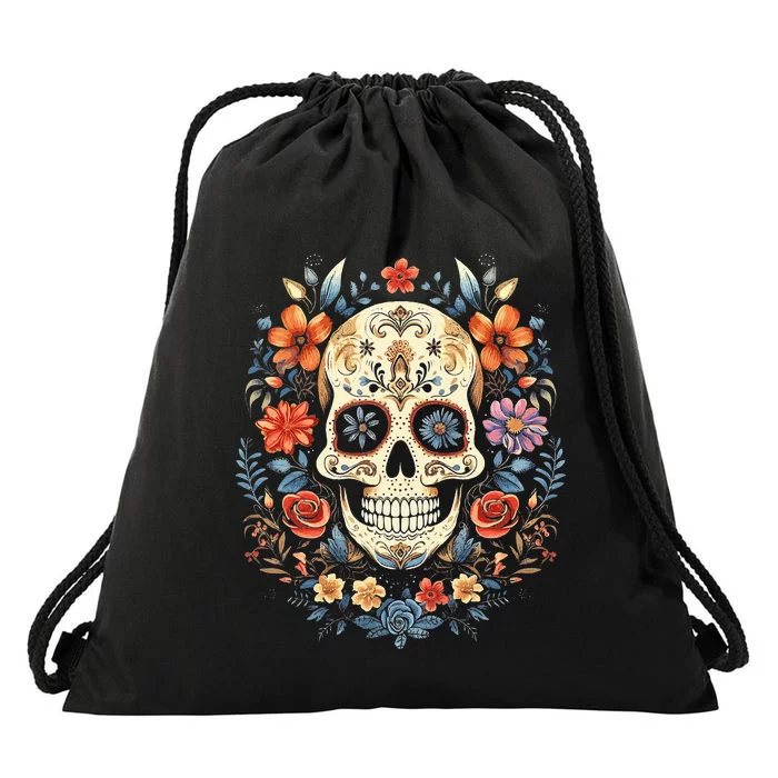 De Los Muertos Day of the Dead Sugar Skull Drawstring Bag