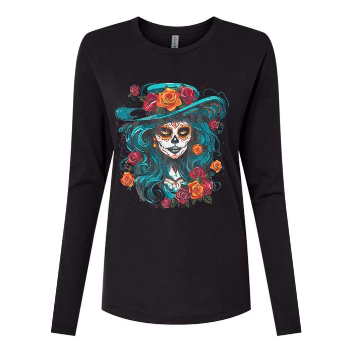 De Los Muertos La Catrina Day of the Dead Womens Cotton Relaxed Long Sleeve T-Shirt