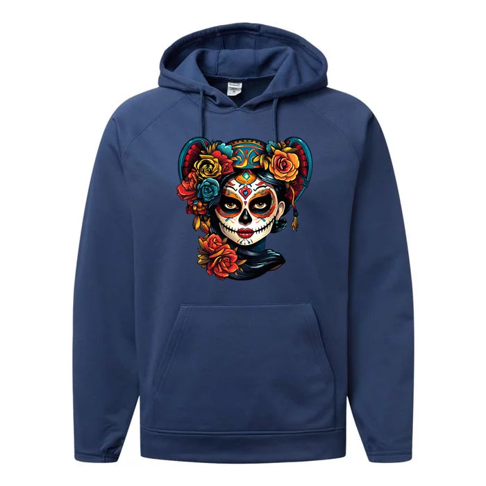 De Los Muertos La Catrina Day of the Dead Sugar Skull Performance Fleece Hoodie