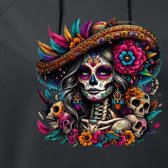 De Los Muertos La Catrina Day Of The Dead Sugar Skull Women Performance Fleece Hoodie