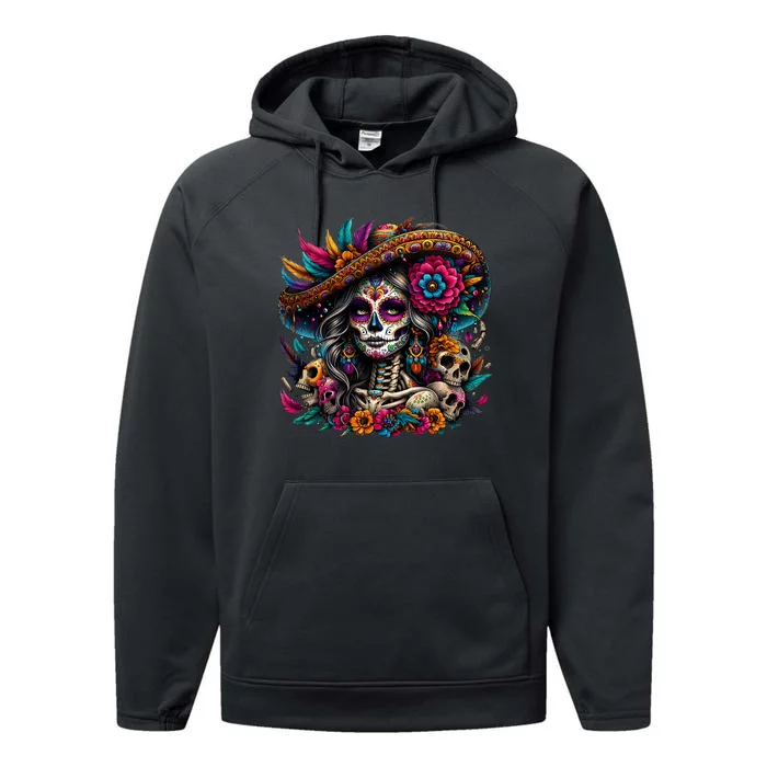 De Los Muertos La Catrina Day Of The Dead Sugar Skull Women Performance Fleece Hoodie