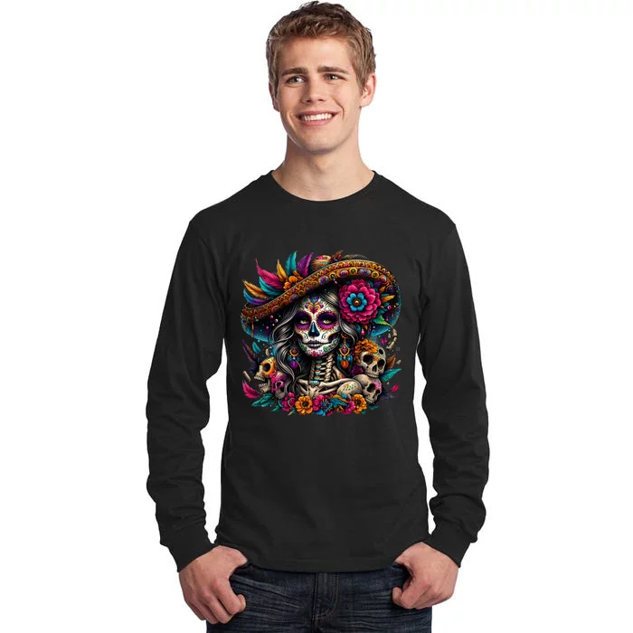 De Los Muertos La Catrina Day Of The Dead Sugar Skull Women Tall Long Sleeve T-Shirt