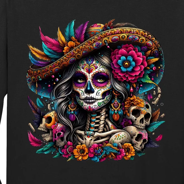 De Los Muertos La Catrina Day Of The Dead Sugar Skull Women Tall Long Sleeve T-Shirt