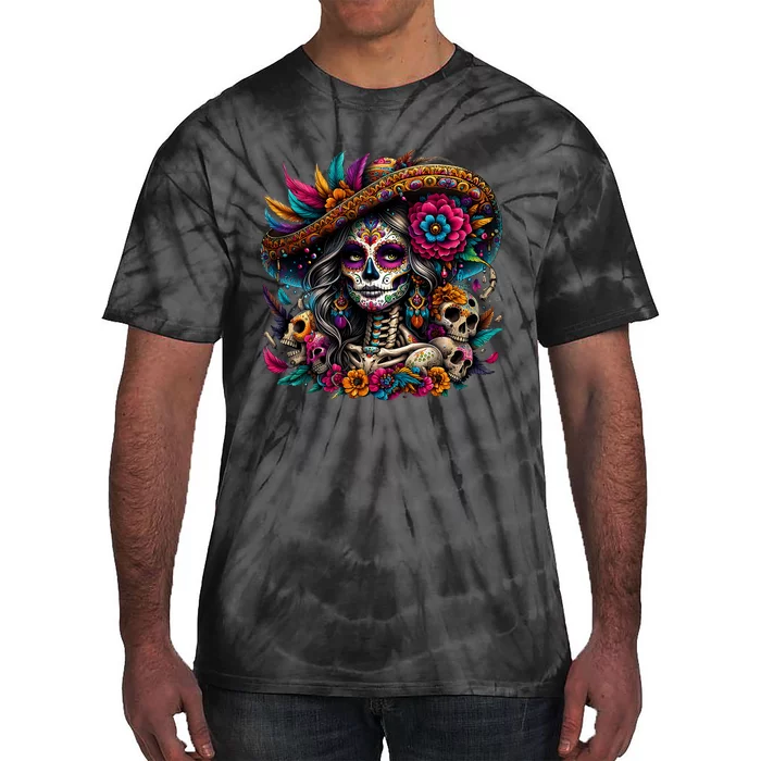 De Los Muertos La Catrina Day Of The Dead Sugar Skull Women Tie-Dye T-Shirt