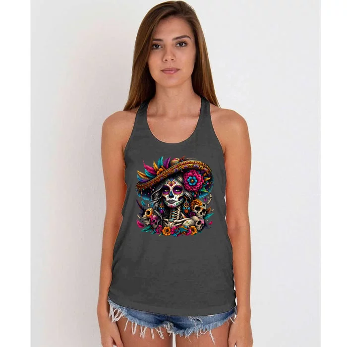 De Los Muertos La Catrina Day Of The Dead Sugar Skull Women Women's Knotted Racerback Tank