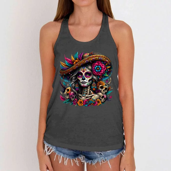 De Los Muertos La Catrina Day Of The Dead Sugar Skull Women Women's Knotted Racerback Tank