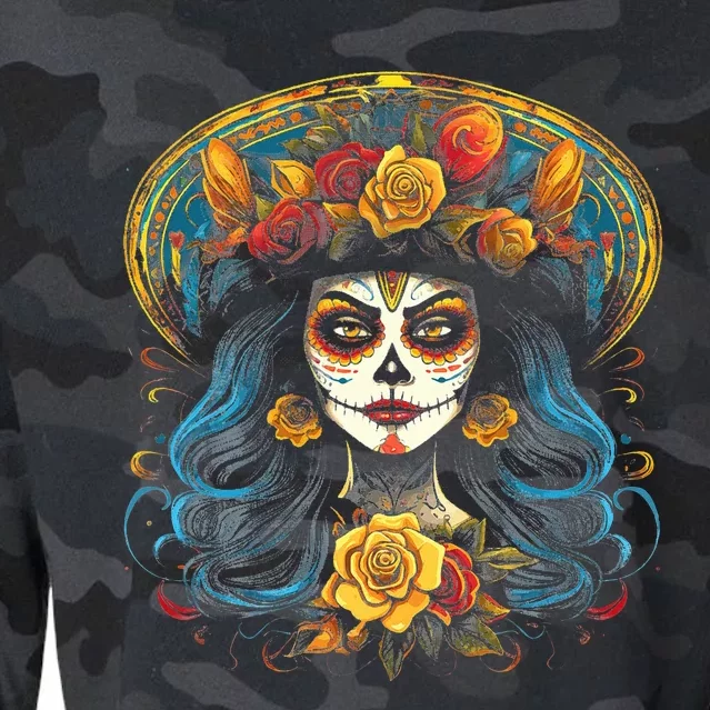 De Los Muertos La Catrina Day of the Dead Sugar Skull Cropped Pullover Crew