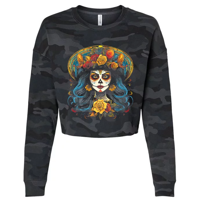 De Los Muertos La Catrina Day of the Dead Sugar Skull Cropped Pullover Crew