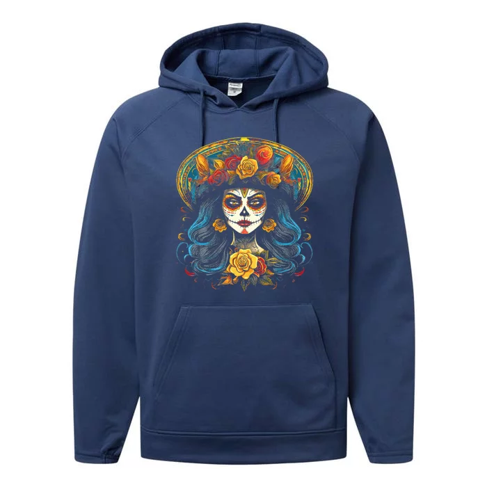 De Los Muertos La Catrina Day of the Dead Sugar Skull Performance Fleece Hoodie