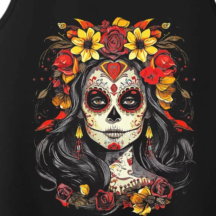 De Los Muertos La Catrina Day of the Dead Sugar Skull Performance Tank