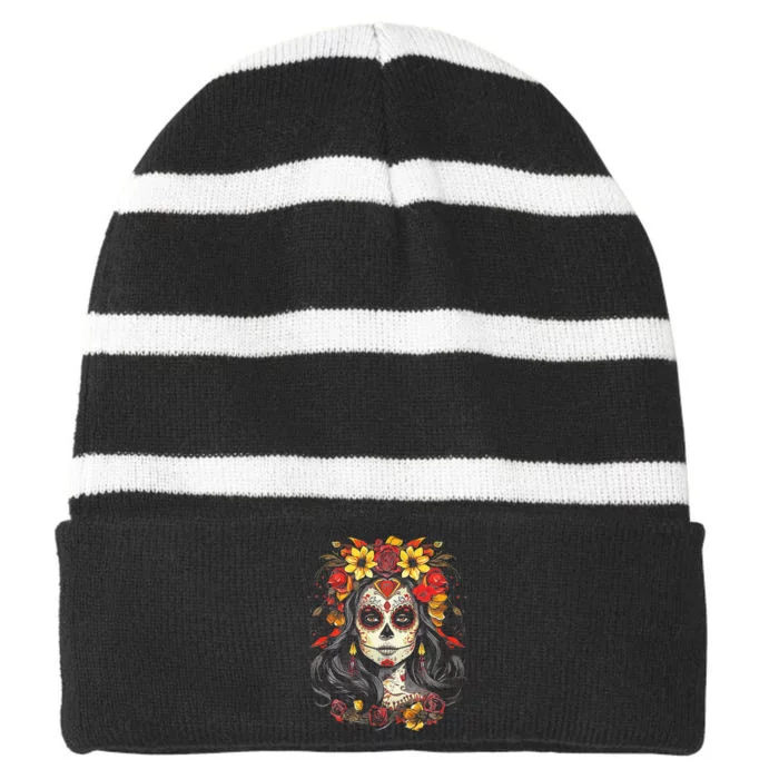 De Los Muertos La Catrina Day of the Dead Sugar Skull Striped Beanie with Solid Band