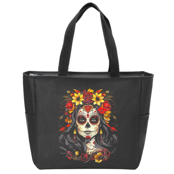 De Los Muertos La Catrina Day of the Dead Sugar Skull Zip Tote Bag