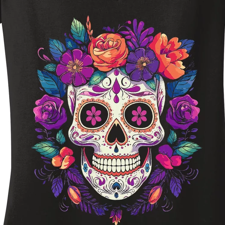 De Los Muertos Day Of The Dead Sugar Skull Halloween Women's V-Neck T-Shirt