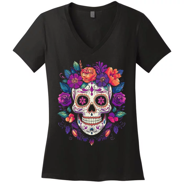 De Los Muertos Day Of The Dead Sugar Skull Halloween Women's V-Neck T-Shirt