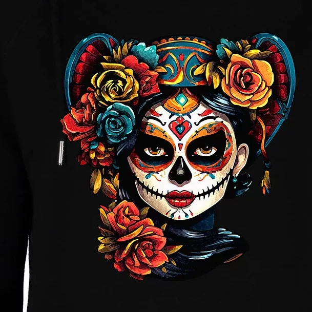 De Los Muertos La Catrina Day of the Dead Sugar Skull Womens Funnel Neck Pullover Hood