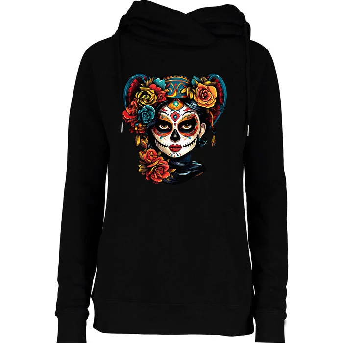 De Los Muertos La Catrina Day of the Dead Sugar Skull Womens Funnel Neck Pullover Hood