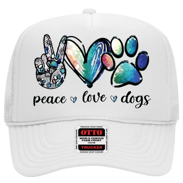 Dog Lover Peace Love Dogs Puppy Paw High Crown Mesh Trucker Hat