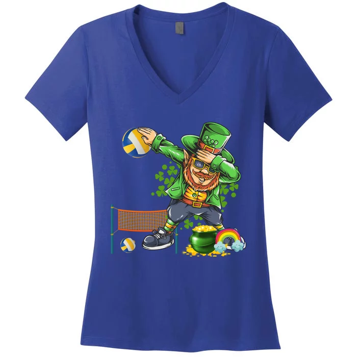 Dabbing Leprechaun Playing Volleyball Patrick Day Shamrock Cute Gift Women's V-Neck T-Shirt