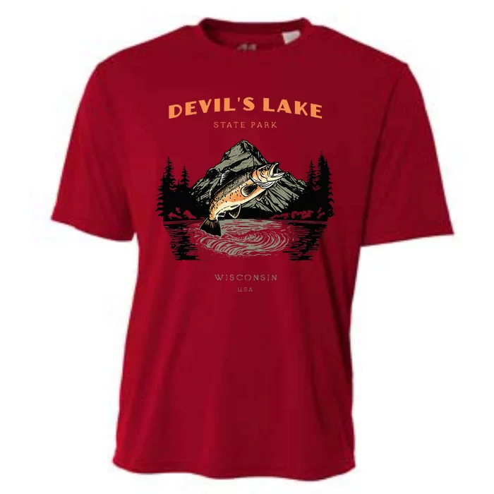 DevilS Lake State Park Wisconsin Retro Vintage Fishing Cooling Performance Crew T-Shirt