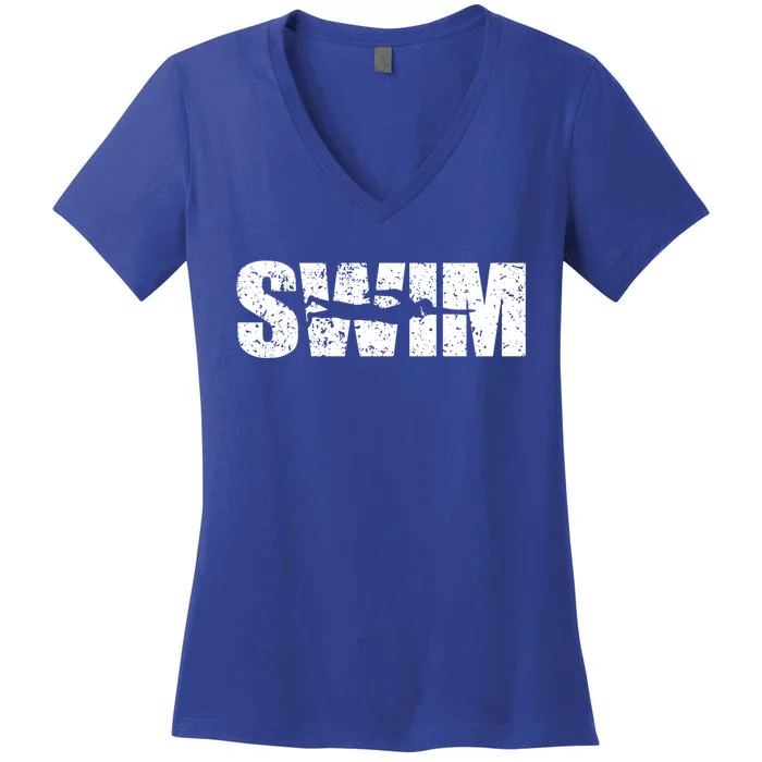 Distressed Look Swimming Gift For Swimmers Gift Women's V-Neck T-Shirt