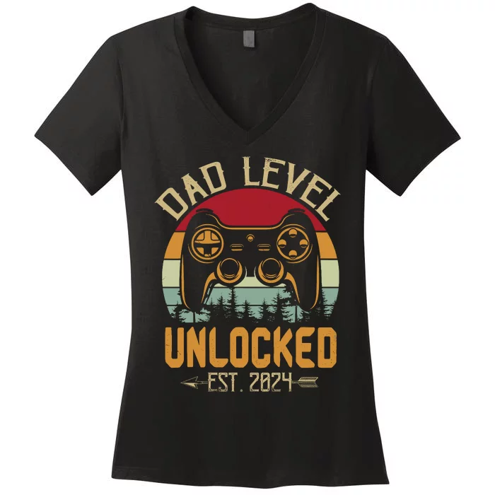 Dad Level Unlocked 2024 Leveling Up Leveled Up To Dad Women's V-Neck T-Shirt