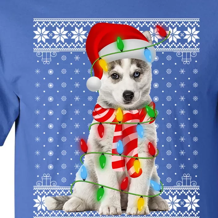 Dog Lights Ugly Sweater Santa Siberian Husky Dog Christmas Gift Tall T-Shirt