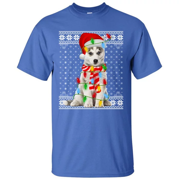 Dog Lights Ugly Sweater Santa Siberian Husky Dog Christmas Gift Tall T-Shirt