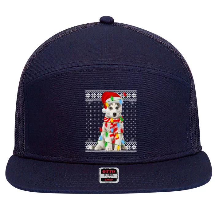 Dog Lights Ugly Sweater Santa Siberian Husky Dog Christmas Gift 7 Panel Mesh Trucker Snapback Hat