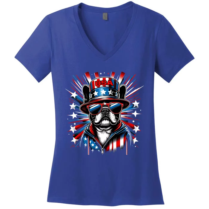 Dog Lover Usa 4th Of July Frenchie Mom Dad French Bulldog Funny Gift Women's V-Neck T-Shirt