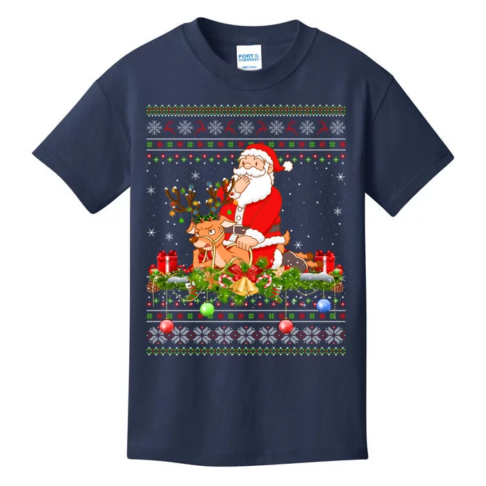 Deer Lover Ugly Santa Riding Deer Christmas Gift Kids T-Shirt