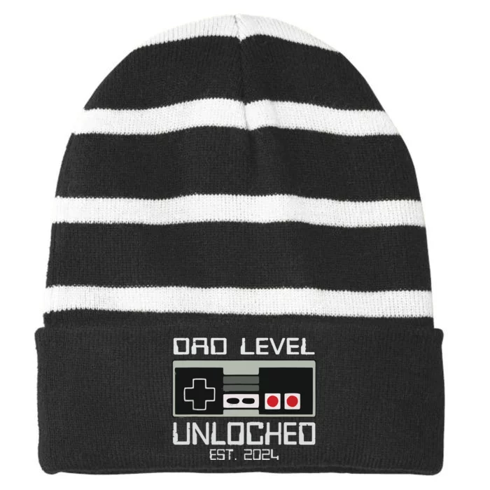 Dad Level Unlocked 2024 I Leveled Up To Soon To Be Gamer Dad Striped Beanie with Solid Band