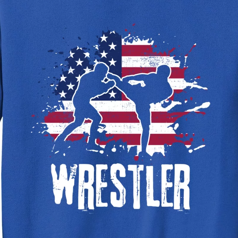 Distressed Look Wrestling Design American Flag Gift Tall Sweatshirt