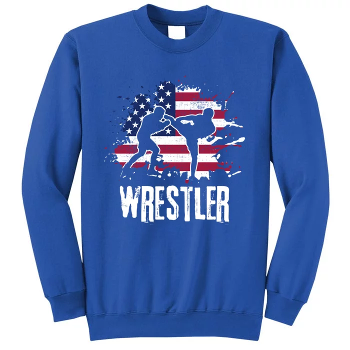 Distressed Look Wrestling Design American Flag Gift Tall Sweatshirt