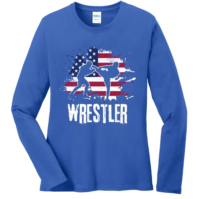 Distressed Look Wrestling Design American Flag Gift Ladies Long Sleeve Shirt