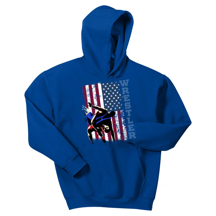 Distressed Look Wrestling Gift American Flag Gift Kids Hoodie