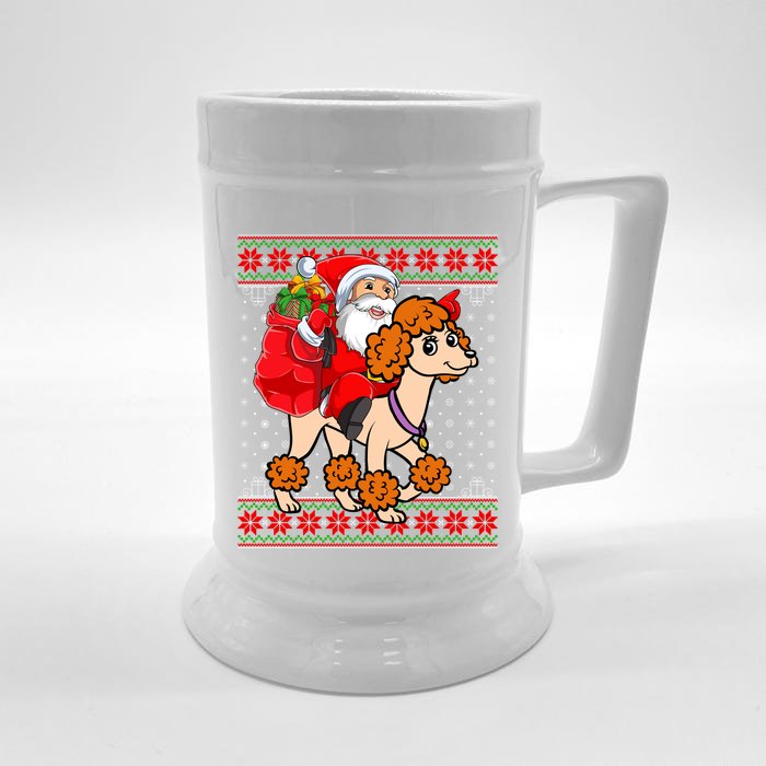 Dog Lover Xmas Ugly Santa Riding Standard Poodle Christmas Gift Front & Back Beer Stein