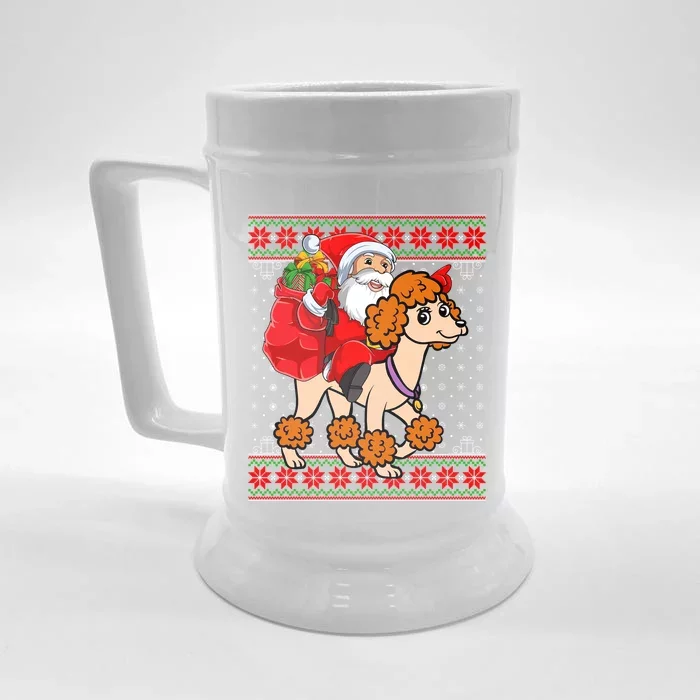 Dog Lover Xmas Ugly Santa Riding Standard Poodle Christmas Gift Front & Back Beer Stein