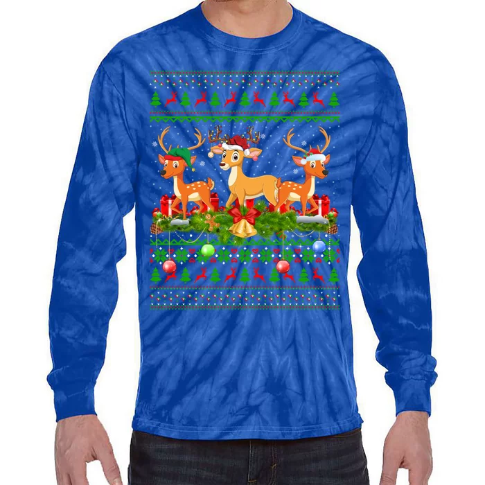 Deer Lover Xmas Lighting Santa Ugly Gift Deer Christmas Tie-Dye Long Sleeve Shirt