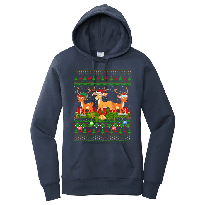 Deer Lover Xmas Lighting Santa Ugly Deer Christmas Funny Gift Women's Pullover Hoodie