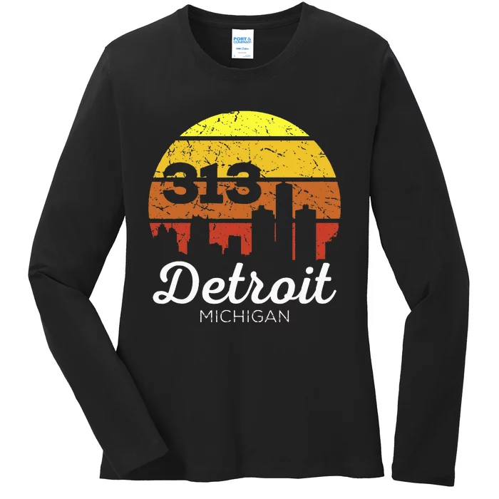 Detroit Michigan 313 Area Code Sunset Ladies Long Sleeve Shirt