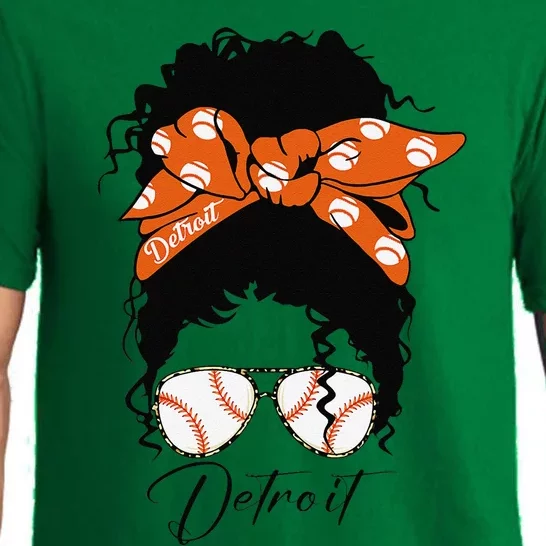 Detroit Messy Bun Baseball Fan Souvenir I Love Detroit Pajama Set