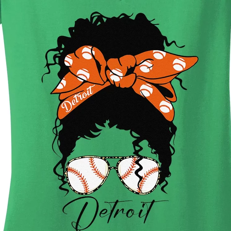 Detroit Messy Bun Baseball Fan Souvenir I Love Detroit Women's V-Neck T-Shirt