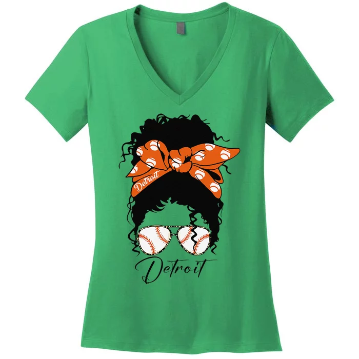 Detroit Messy Bun Baseball Fan Souvenir I Love Detroit Women's V-Neck T-Shirt