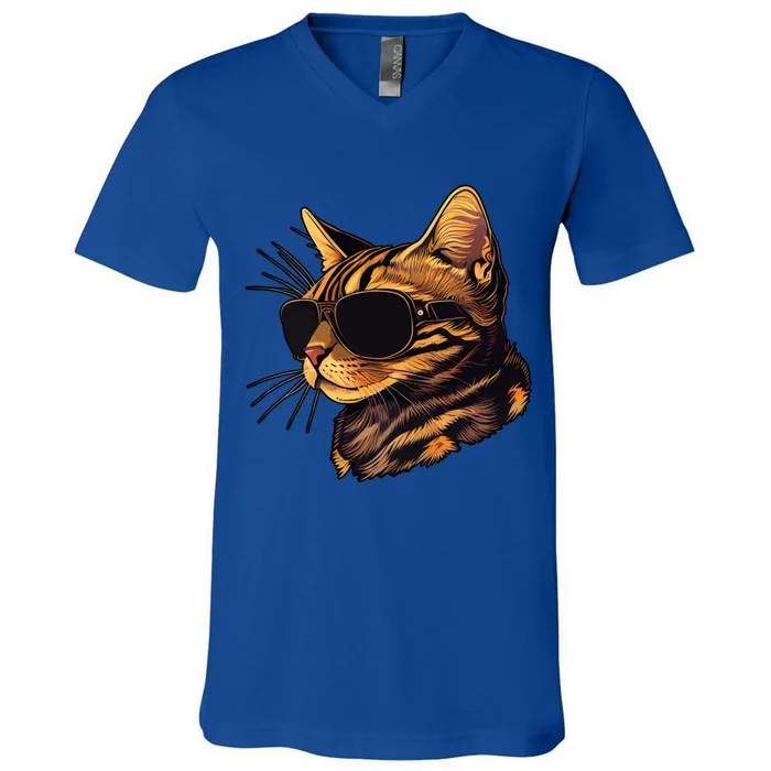 Dad Mom Cat Sunglasses Bengal Cat Funny Gift V-Neck T-Shirt