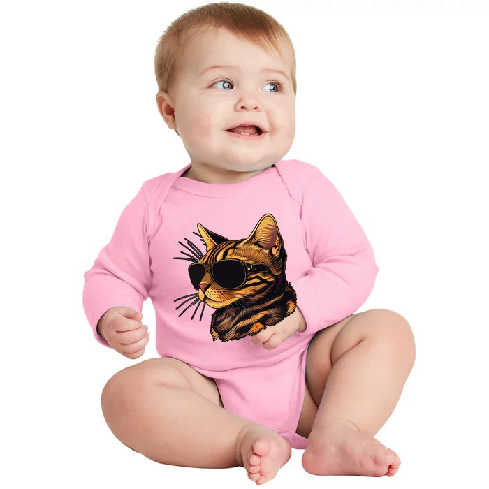 Dad Mom Cat Sunglasses Bengal Cat Funny Gift Baby Long Sleeve Bodysuit